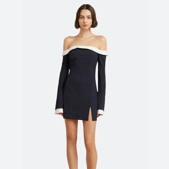 BEC+BRIDGE Set: Cece off the shoulder top & mini skirt in “ink pinstripe”. - Picture 1 of 6